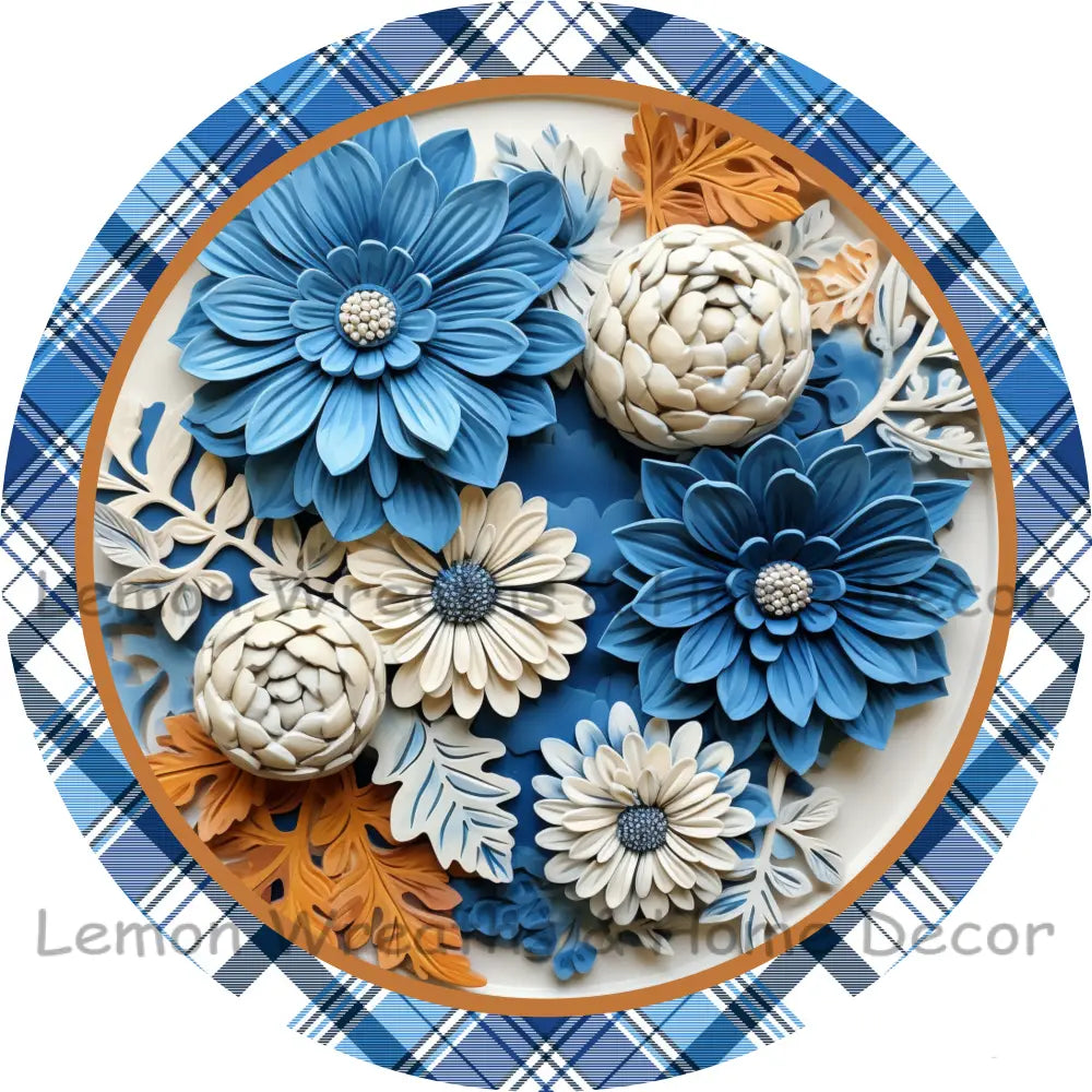 3D Blue & White Floral Tight Weave Plaid Metal Sign