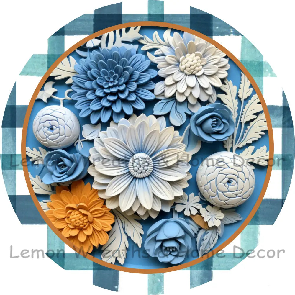3D Blue & White Floral Wide Plaid Metal Sign