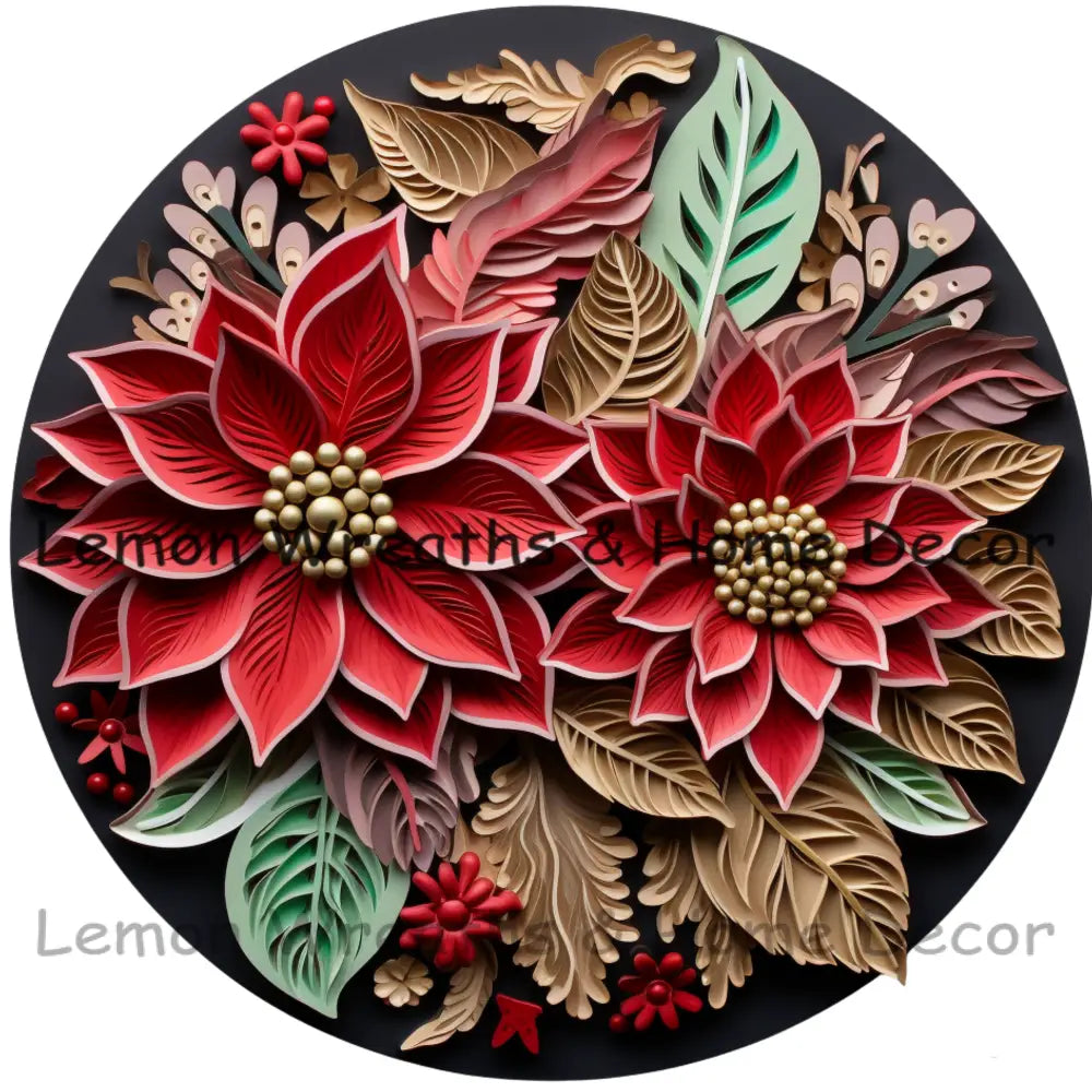 3D Double Poinsettia Gold Leaves Metal Sign 6