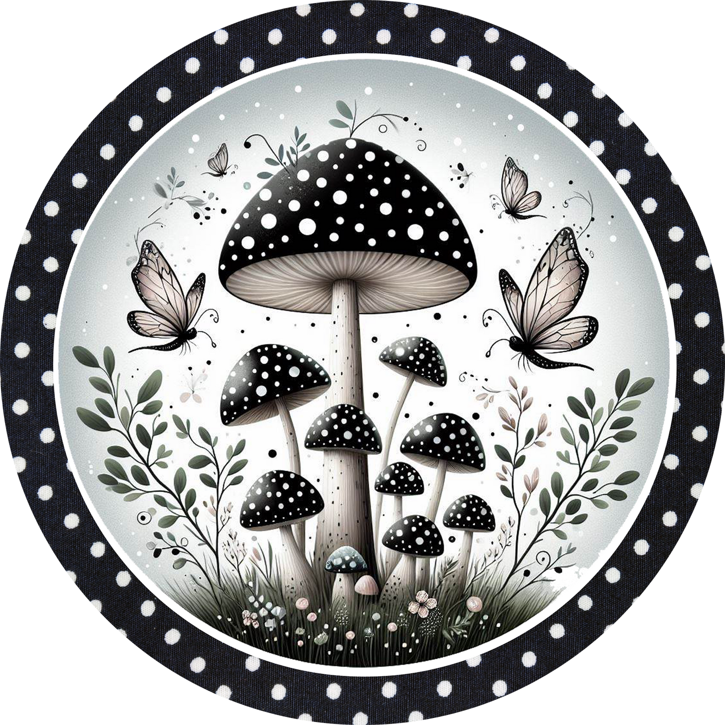 Black Polka Dot Monochrome Mushroom Garden Metal Sign