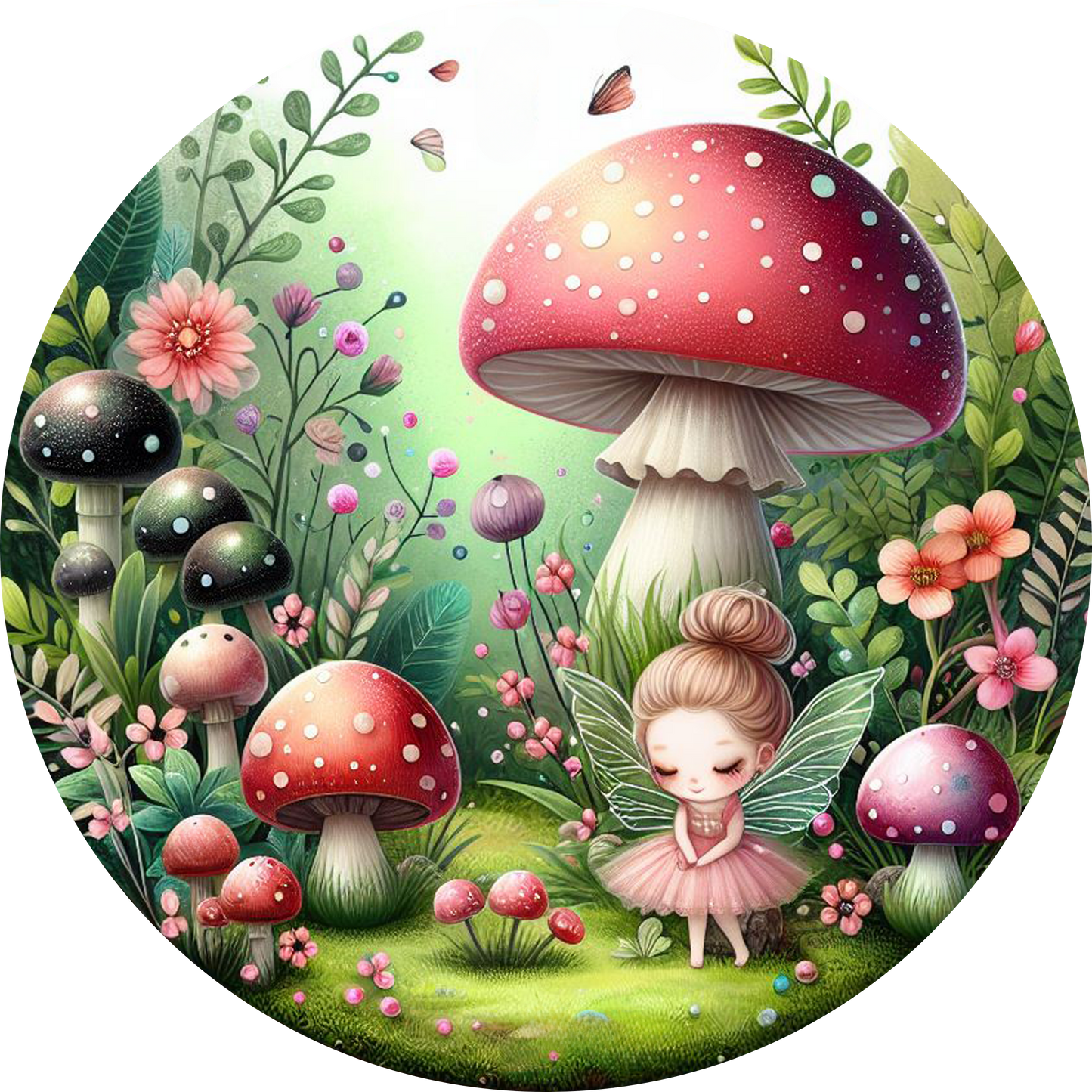 Fairy Garden Florals & Polka Dot Mushrooms Metal Sign