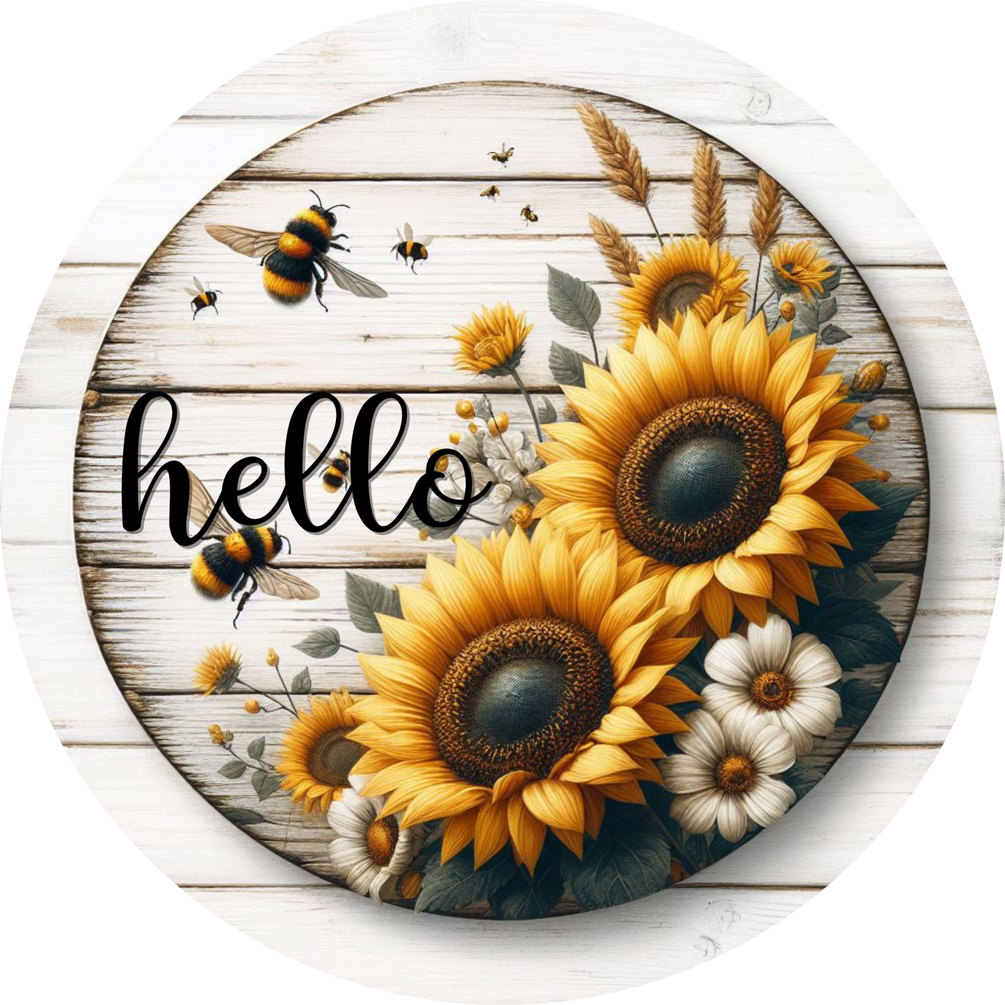 Hello Bumble Bees and Sunflowers Metal Sign