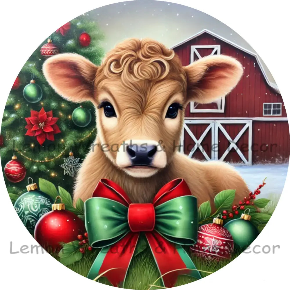 Barnyard Holiday Cheer Christmas Calf Metal Sign