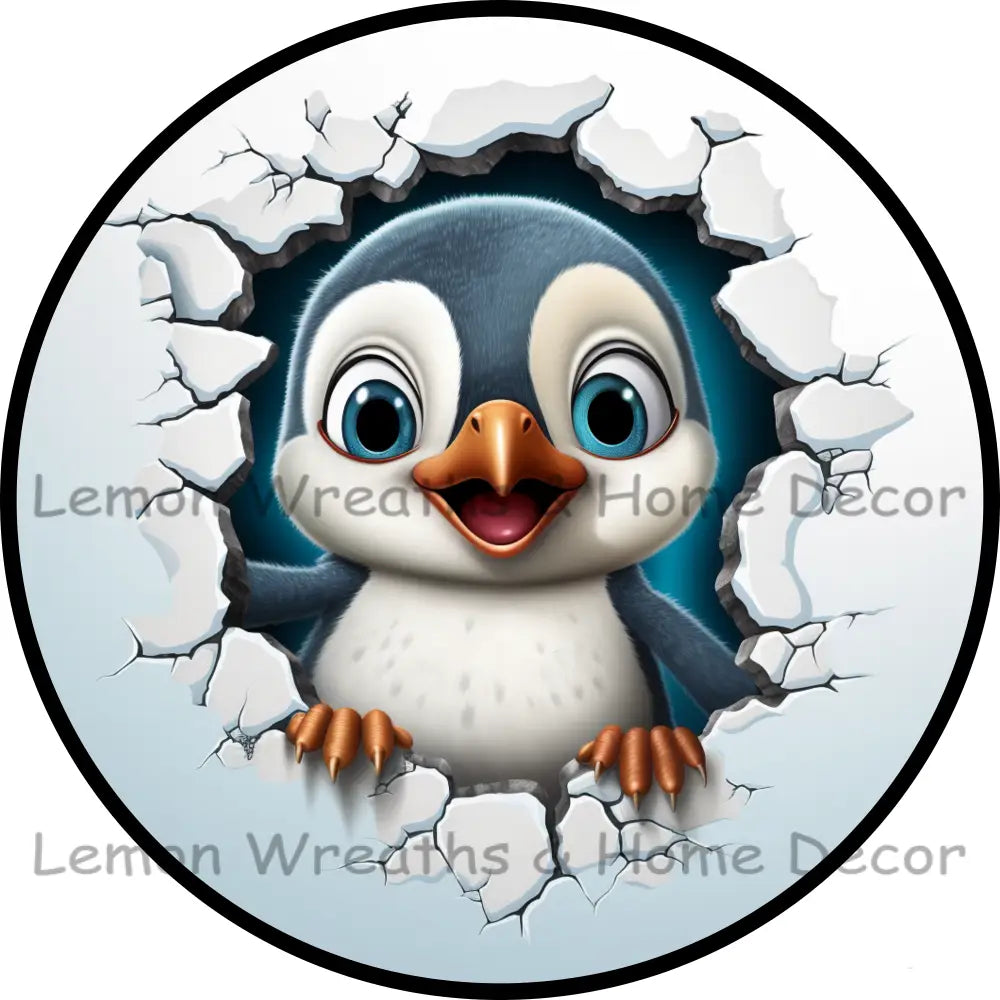 Big Eye Penguin Breaking Thru Ice Metal Sign