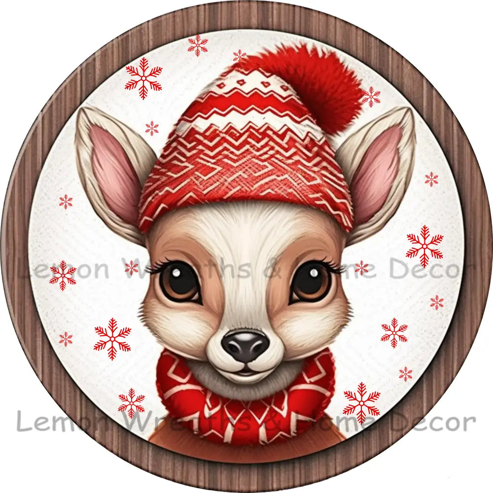 Big Eye Reindeer Red Stocking Cap Metal Sign