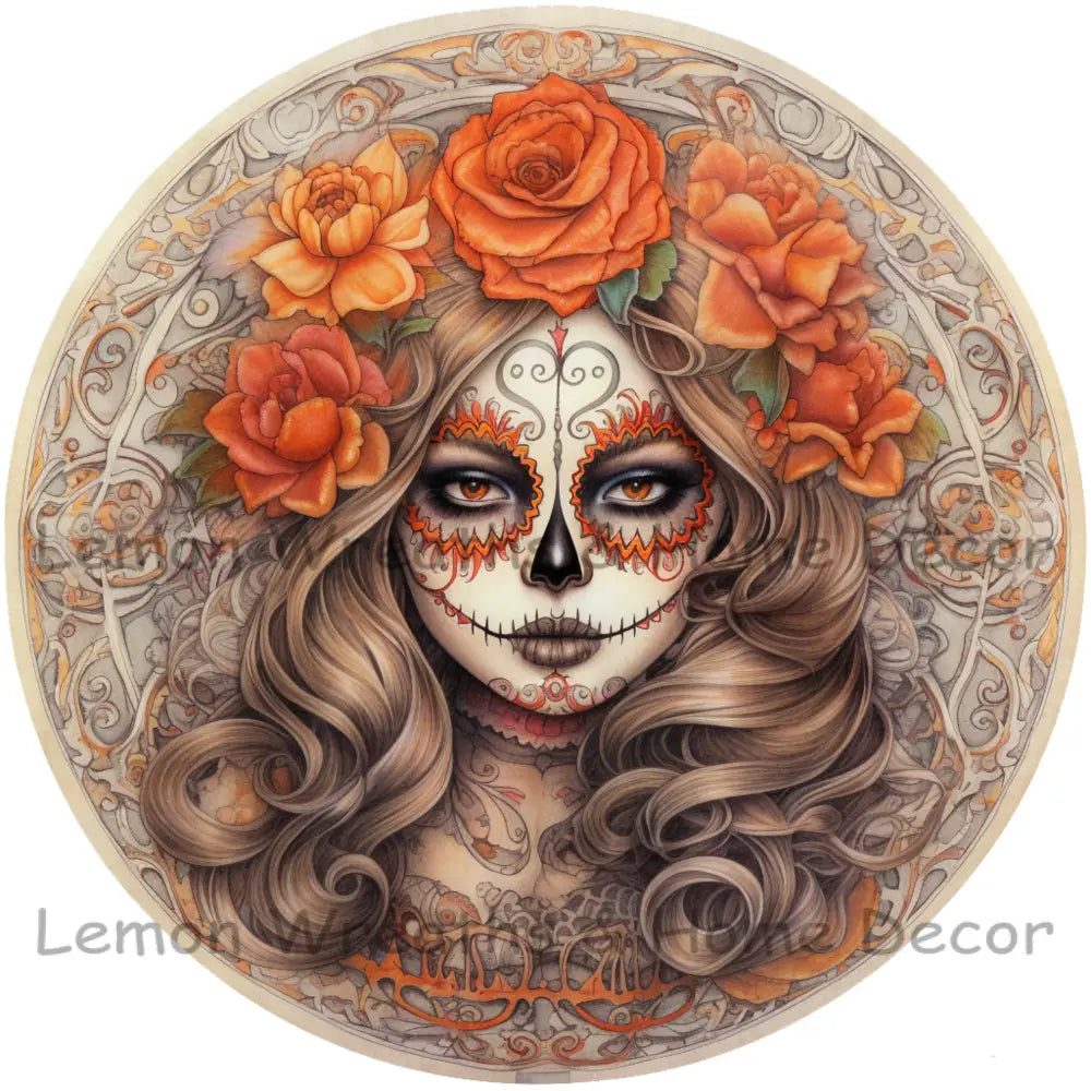 Blonde Beauty With Orange Flowers Day Of The Dead Metal Sign 6