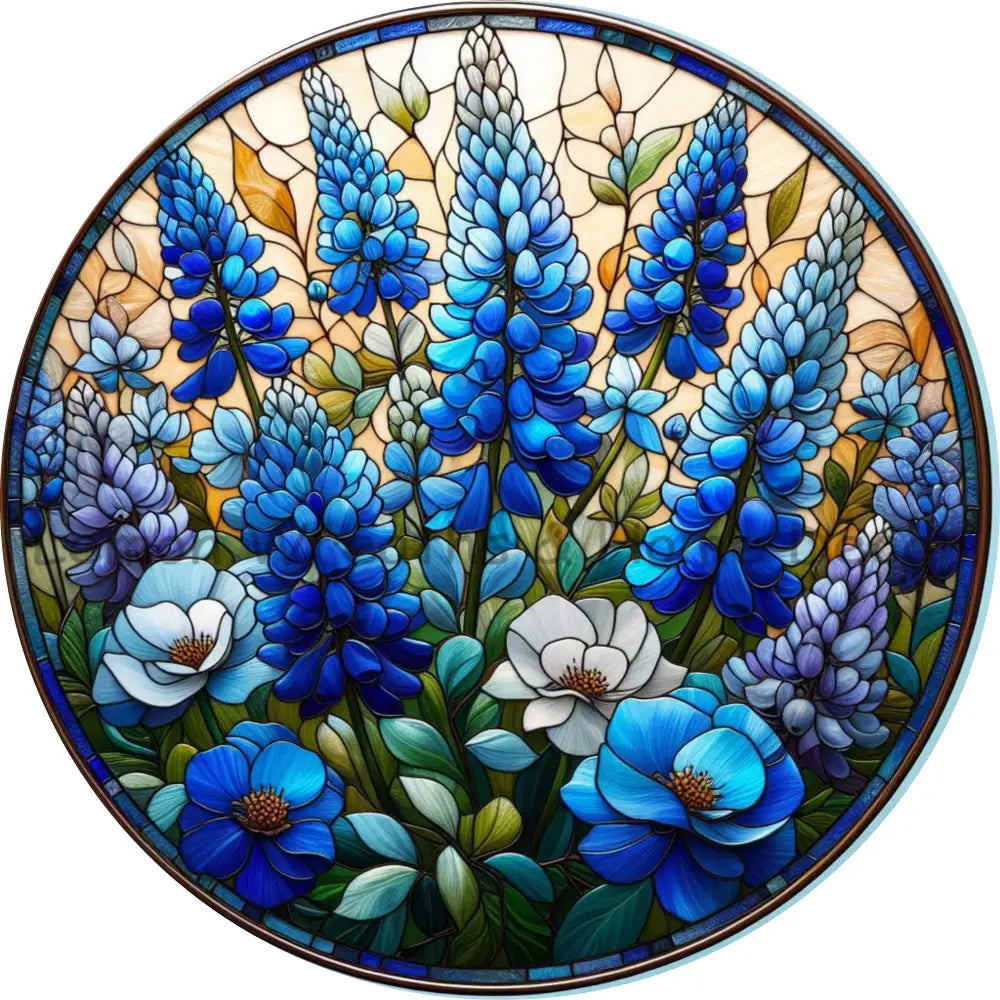 Blue Bonnet Flowers Faux Stained Glass Metal Sign