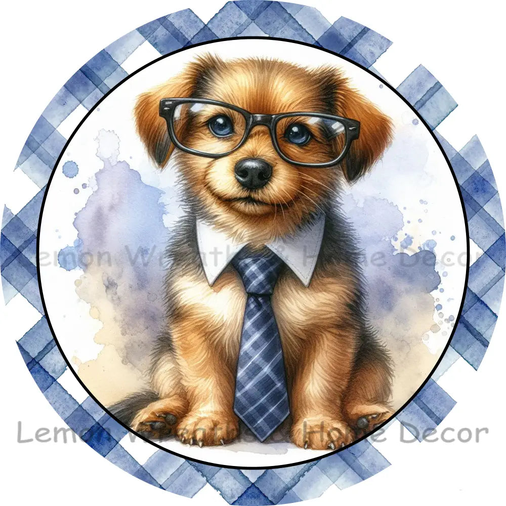 Blue Plaid Puppy Wearing Glasses Metal Sign