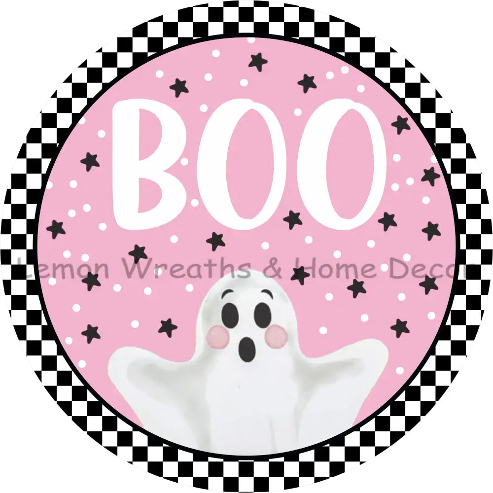 Boo Ghost Pink and Black Check Metal Sign