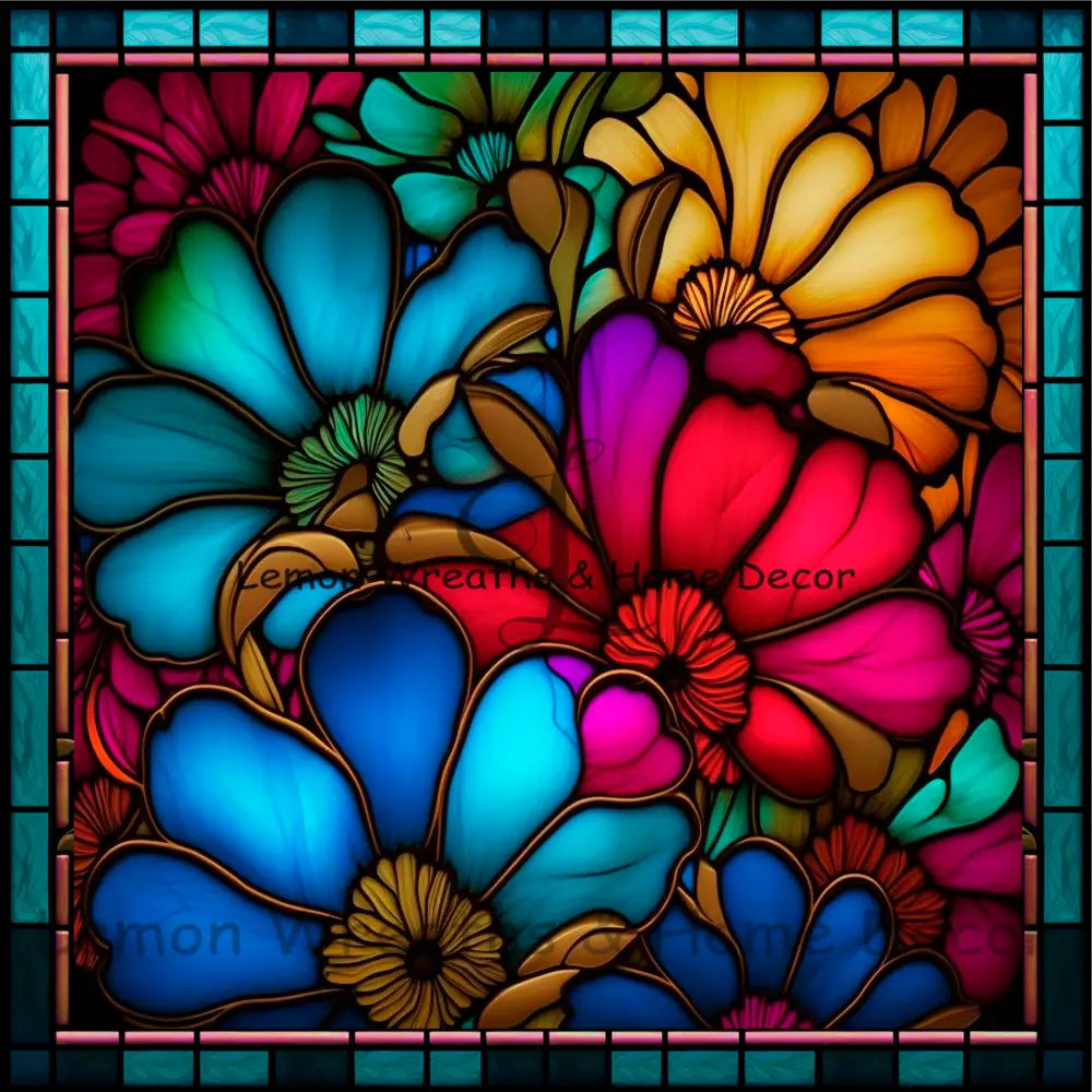 Bright Flowers Faux Stained Glass Metal Sign 8