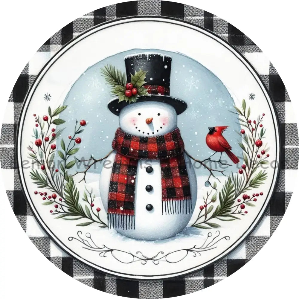 Buffalo Plaid Snowman With Cardinal Metal Sign