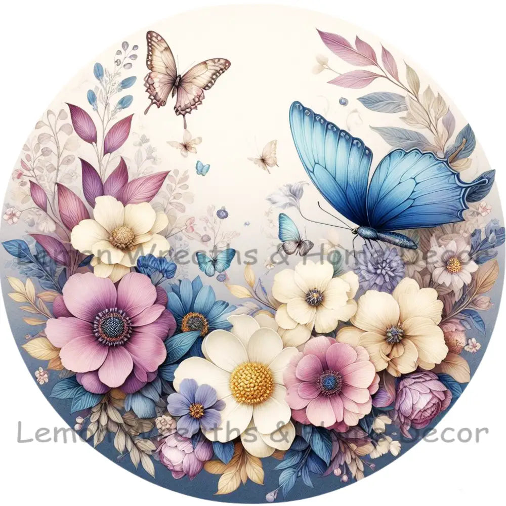 Butterflies And Magnolias Mauve Blue Ivory Metal Sign