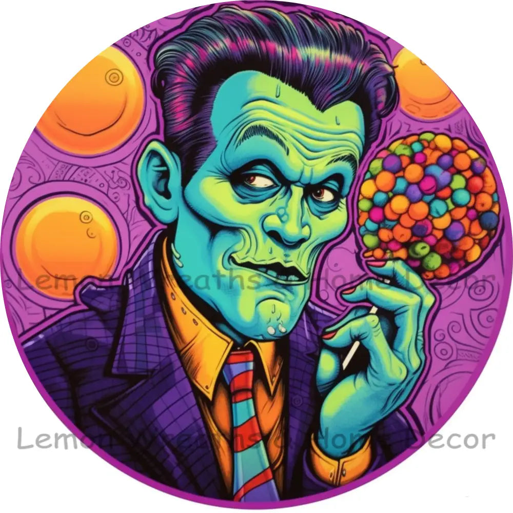 Cartoon Frankie Holding Candy Sucker Metal Sign