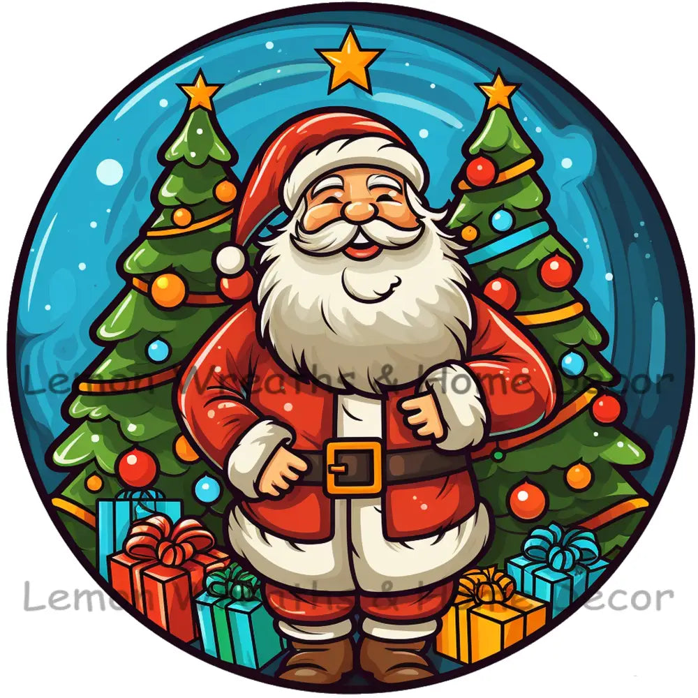 Cartoon Santa With Double Trees Metal Sign 6 / No Text