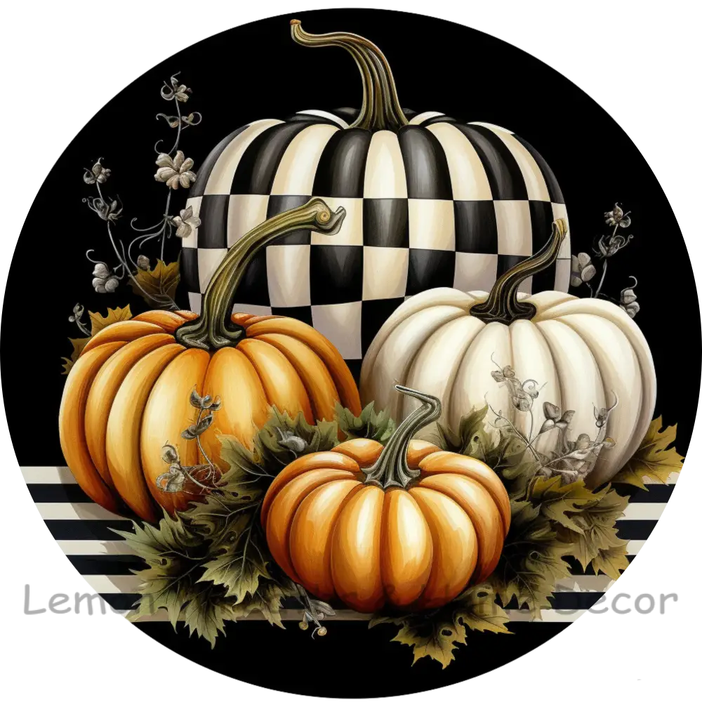 Checkered Pumpkin Fall Arrangement Metal Sign 6 / No Text