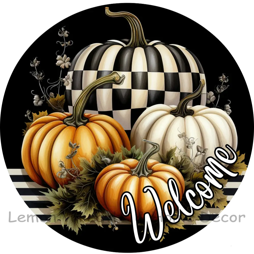 Checkered Pumpkin Fall Arrangement Metal Sign 6 / Welcome