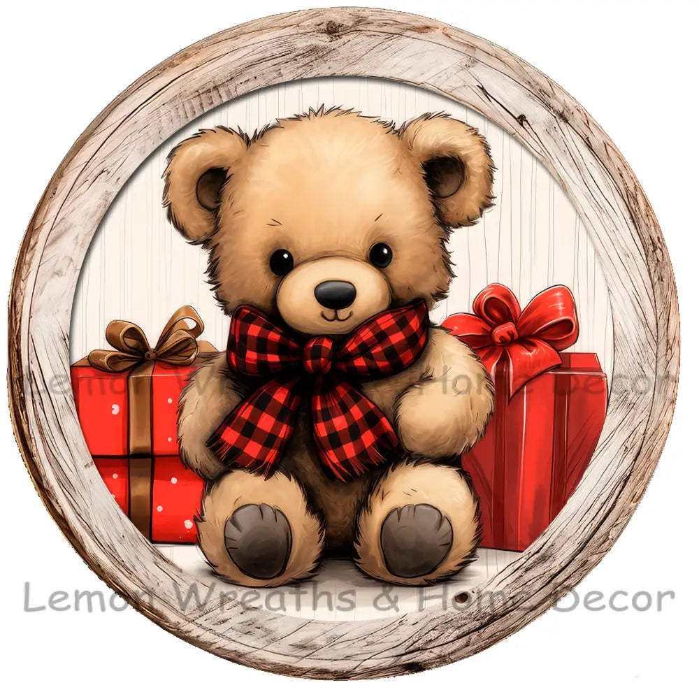 Country Christmas Bear Wood Frame Metal Sign
