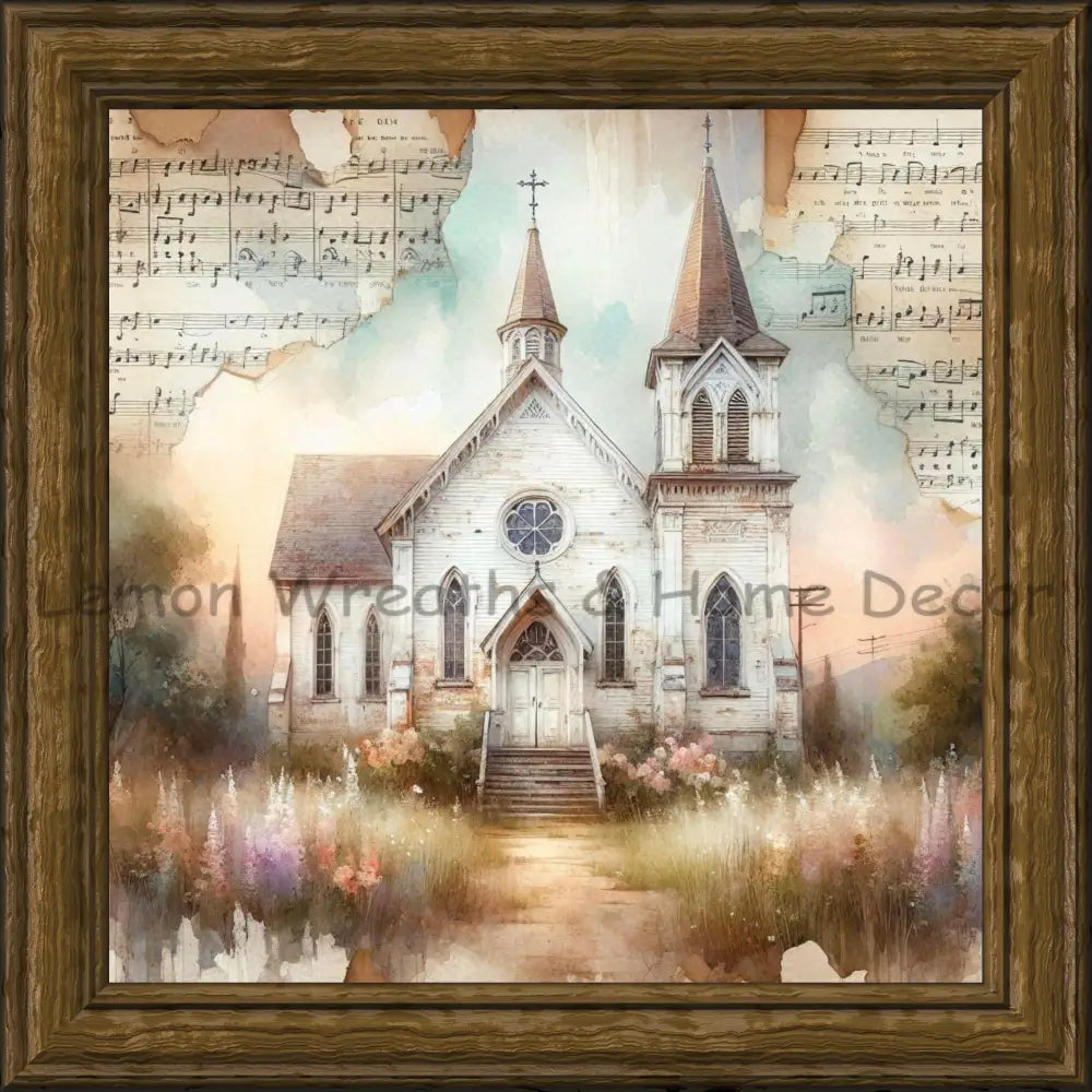 Country Church Amongst Wildflowers Faux Wood Frame Metal Sign