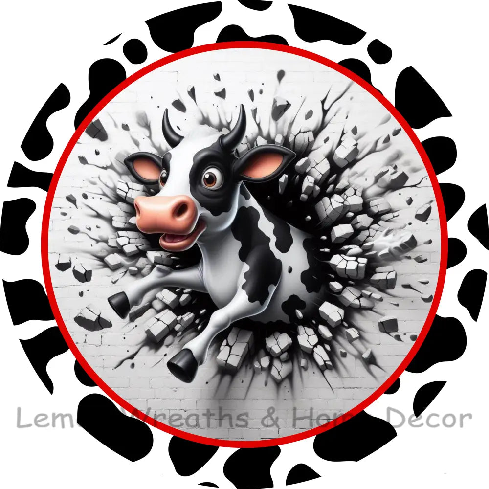 Cow Breaking Thru Brick Wall Metal Sign