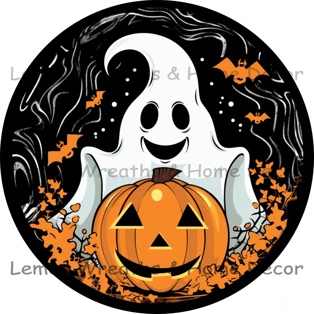 Cute White Ghost With Pumpkin Metal Sign 8 / No Text
