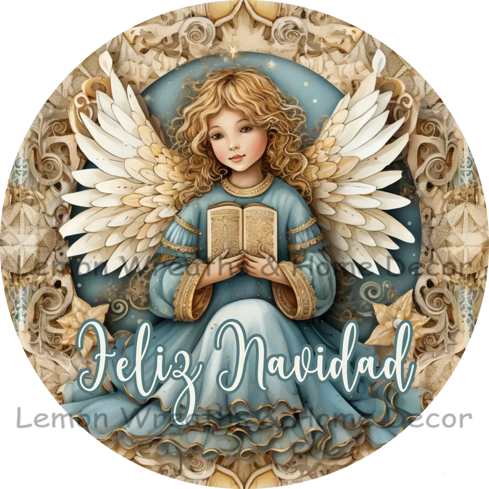Elegant Christmas Angel Blue & Gold Metal Sign 6 / Feliz Navidad