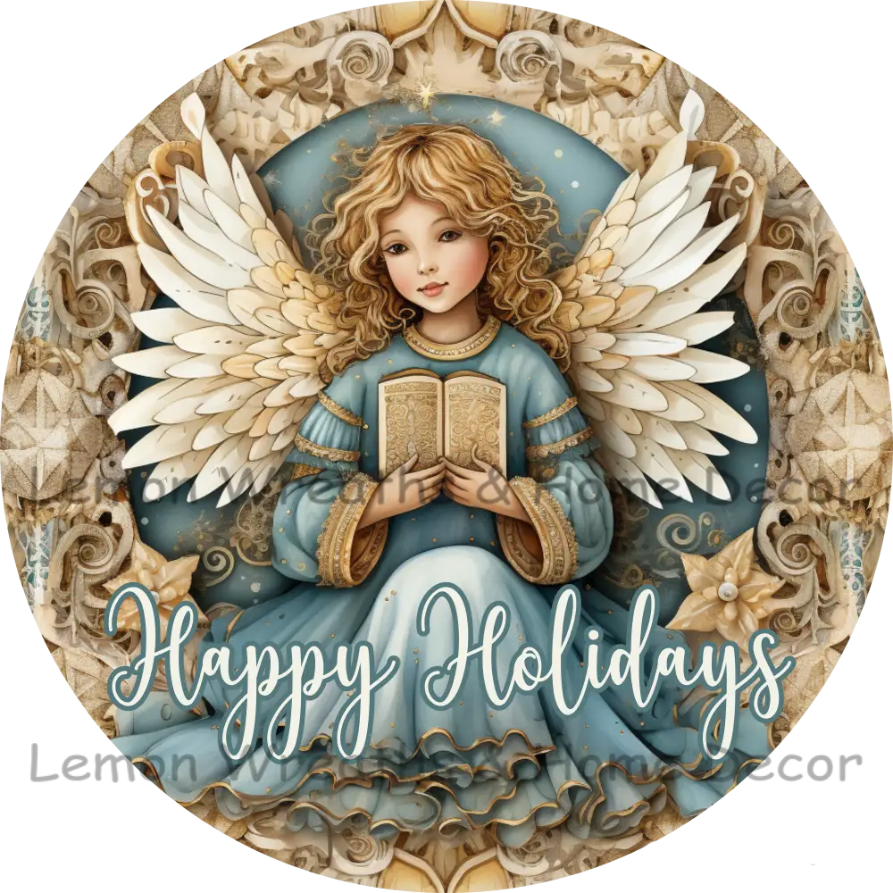 Elegant Christmas Angel Blue & Gold Metal Sign 6 / Happy Holidays