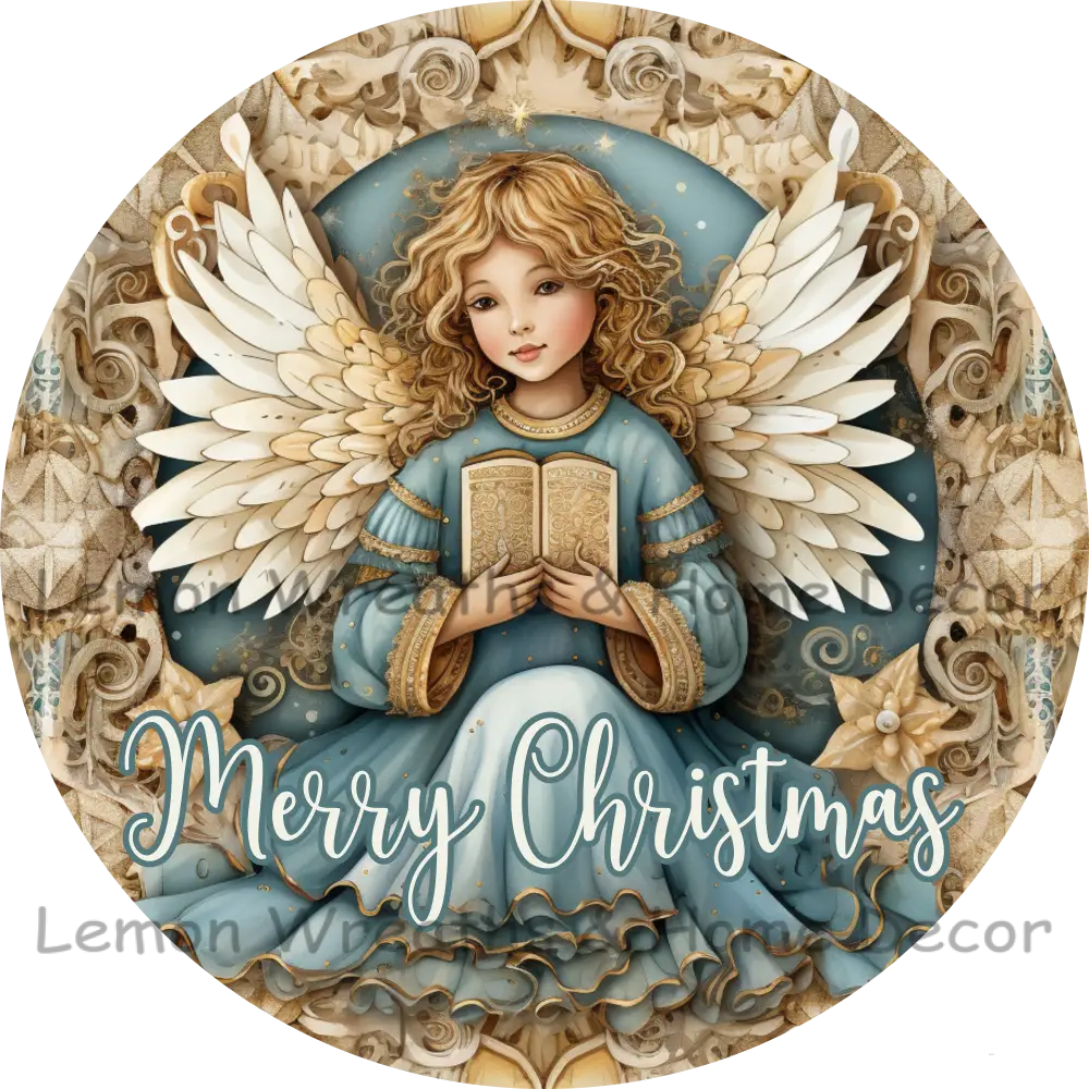 Elegant Christmas Angel Blue & Gold Metal Sign 6 / Merry