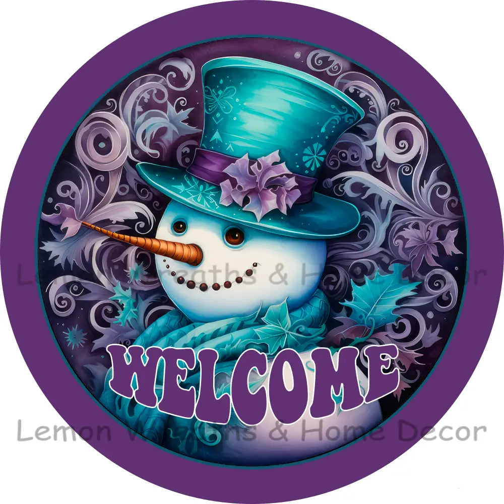 Elegant Welcome Snowman Teal Top Hat Metal Sign