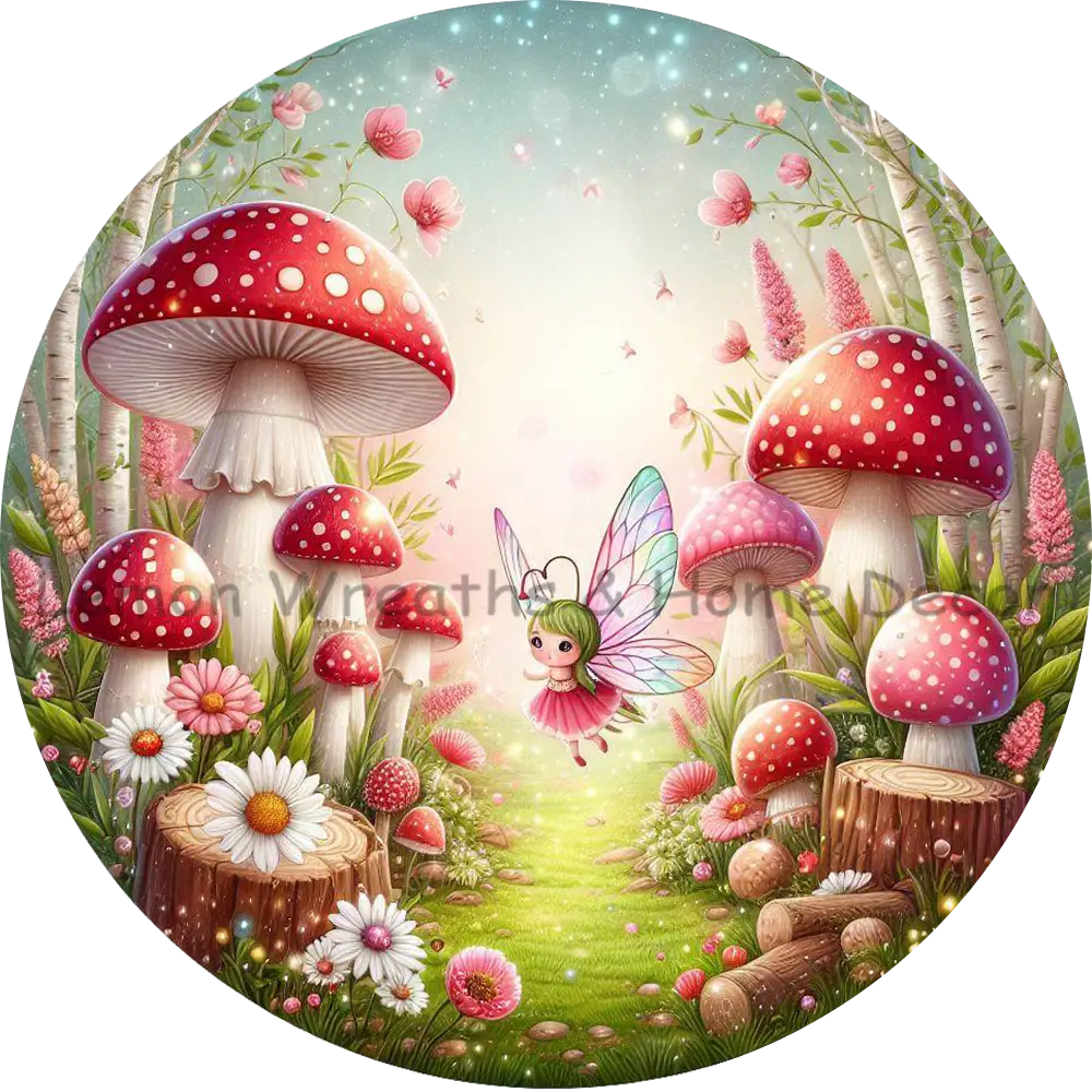 Fairy in Red Polka Dot Mushroom Garden Metal Sign