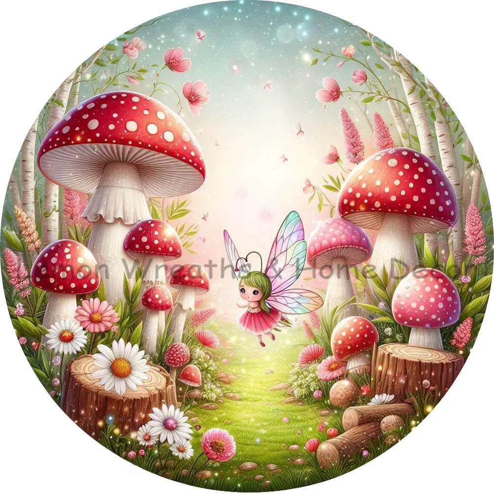 Fairy in Red Polka Dot Mushroom Garden Metal Sign
