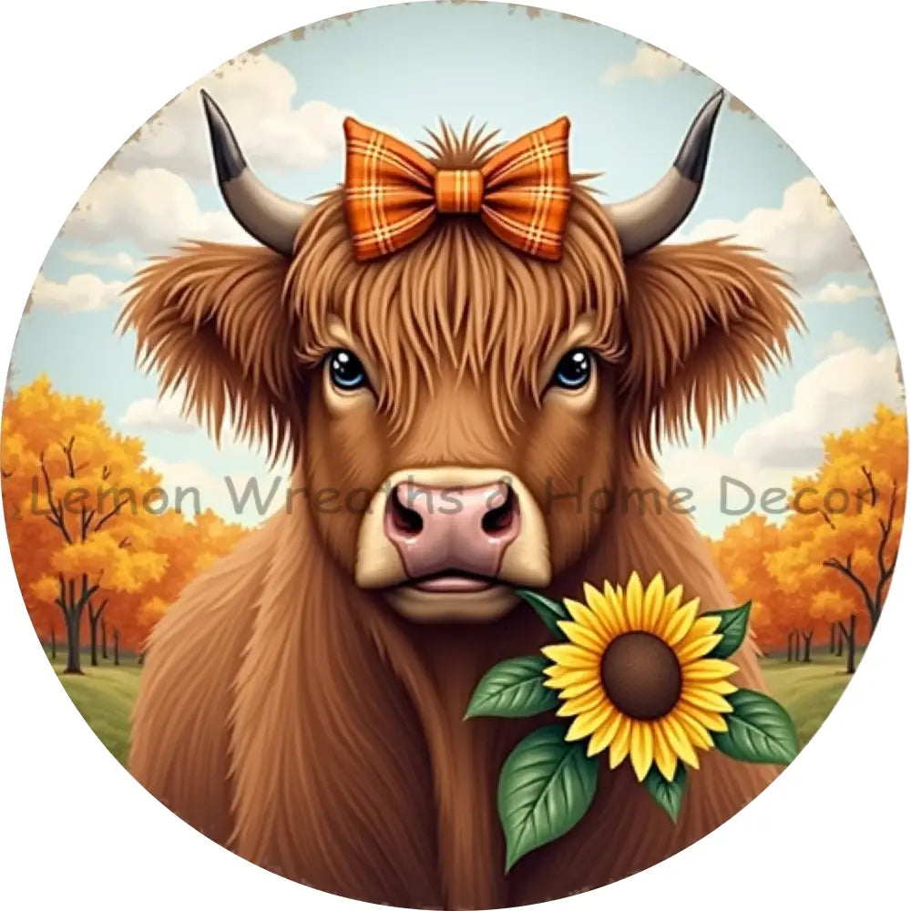 Fall Highland Cow w/Sunflower Metal Sign