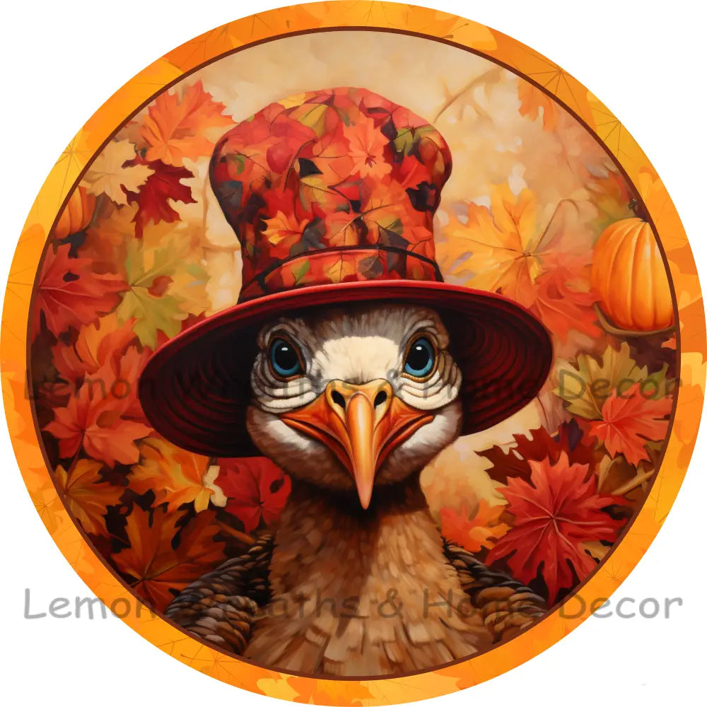 Fall Turkey With Leaf Hat Metal Sign