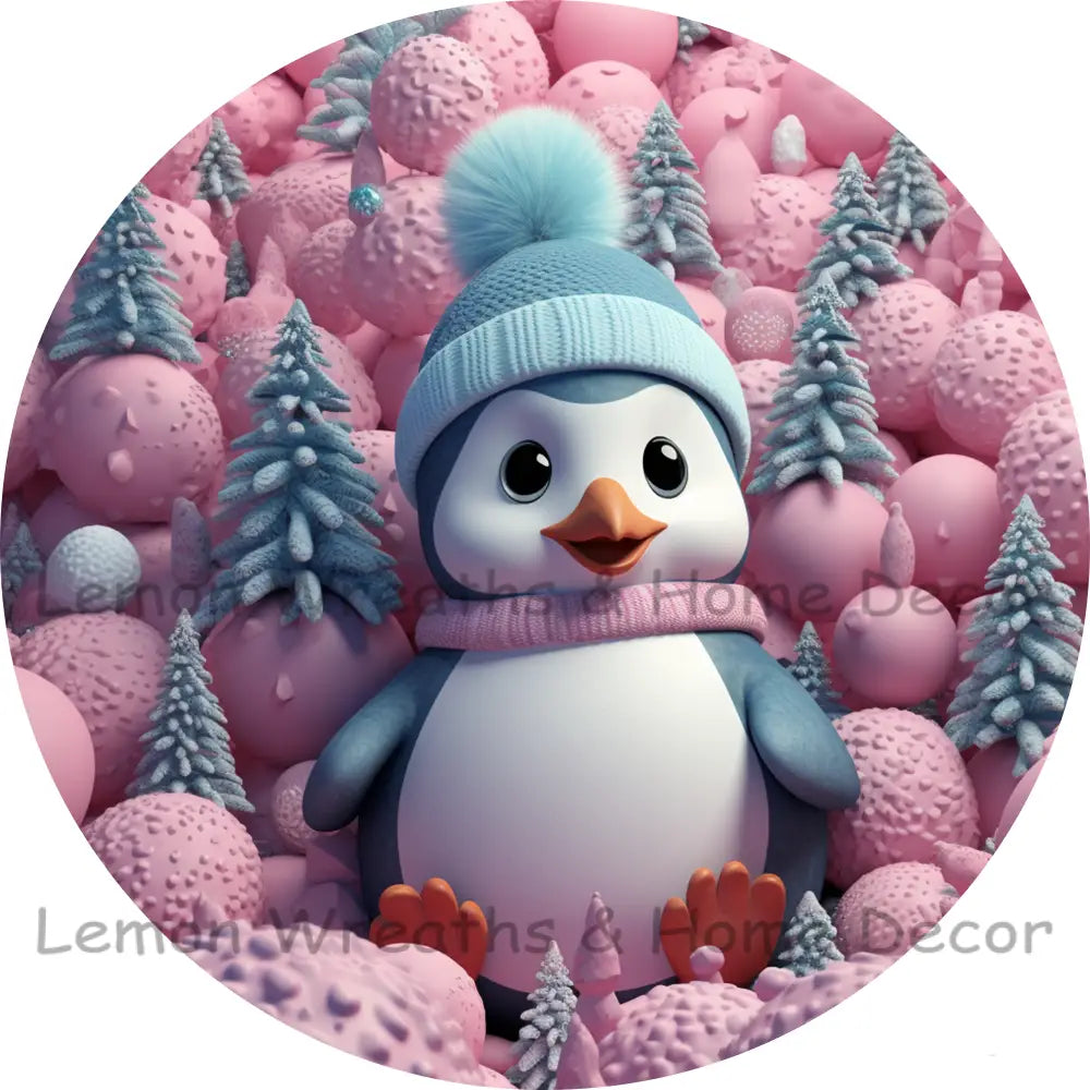 Faux 3D Pink Christmas Penguin Metal Sign