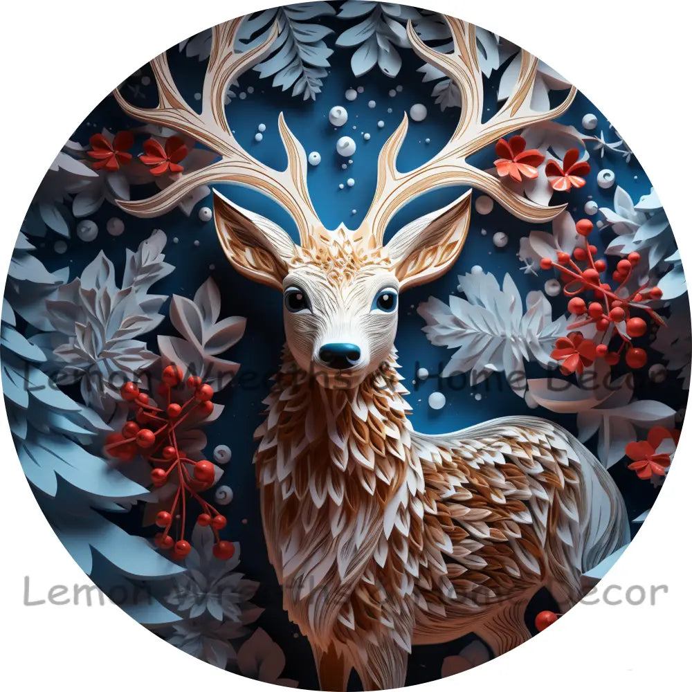 Faux 3D Winter Buck With Berries Metal Sign