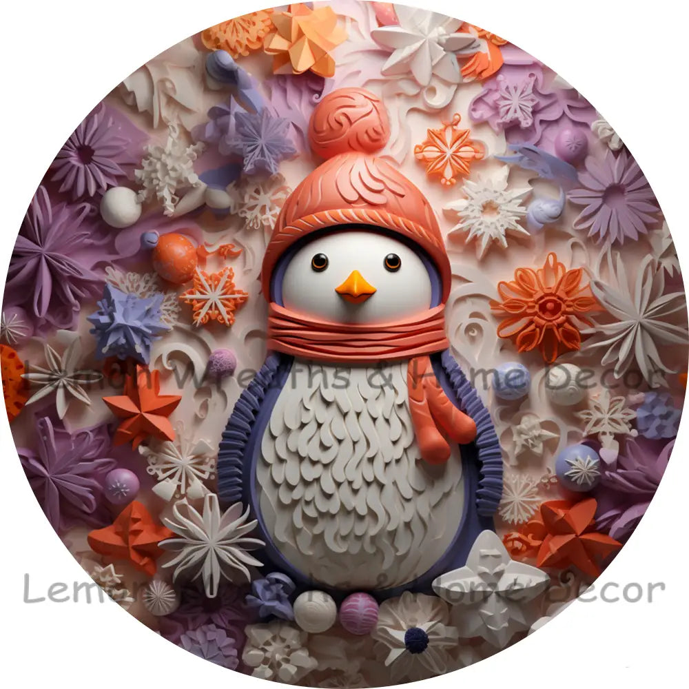 Faux 3D Winter Penguin Orange And Purple Metal Sign