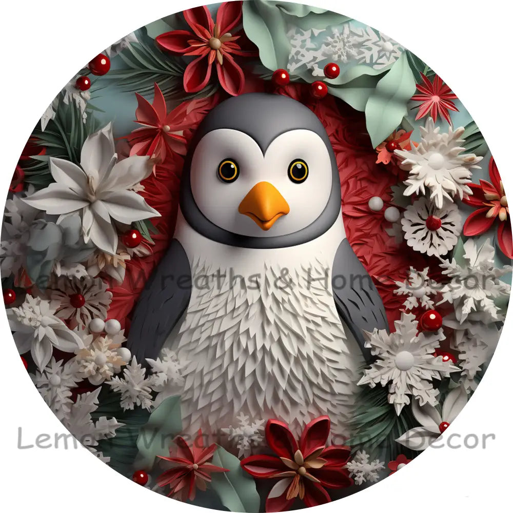 Faux 3D Winter Penguin Red And Green Metal Sign