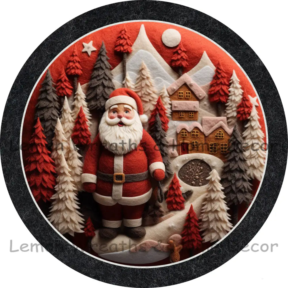 Faux Felt Santa With Christmas Trees Metal Sign