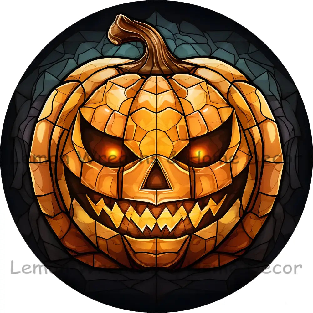 Faux Stained Glass Creepy Pumpkin Metal Sign