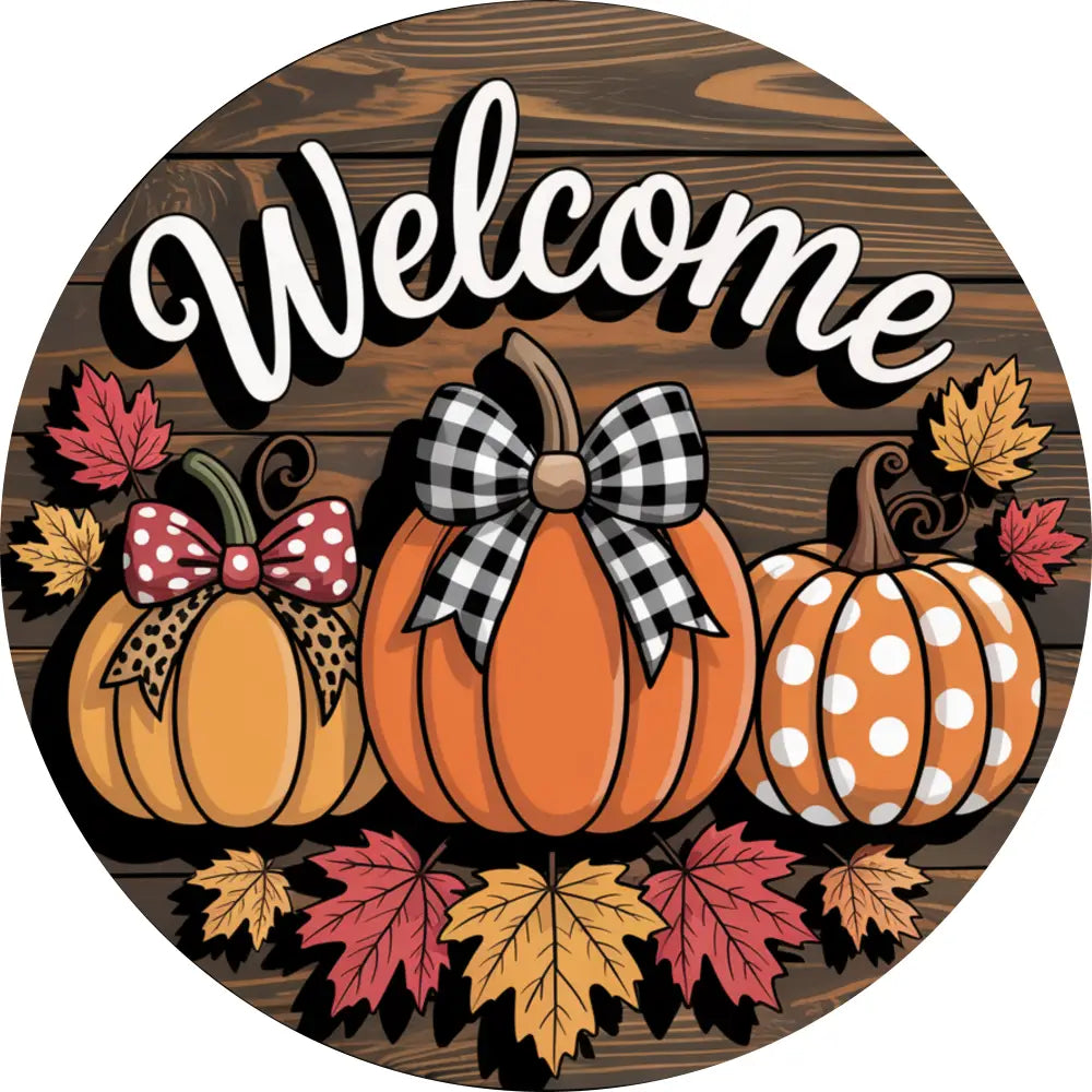 Faux Wood Welcome Pumpkins and Leaves Metal Sign