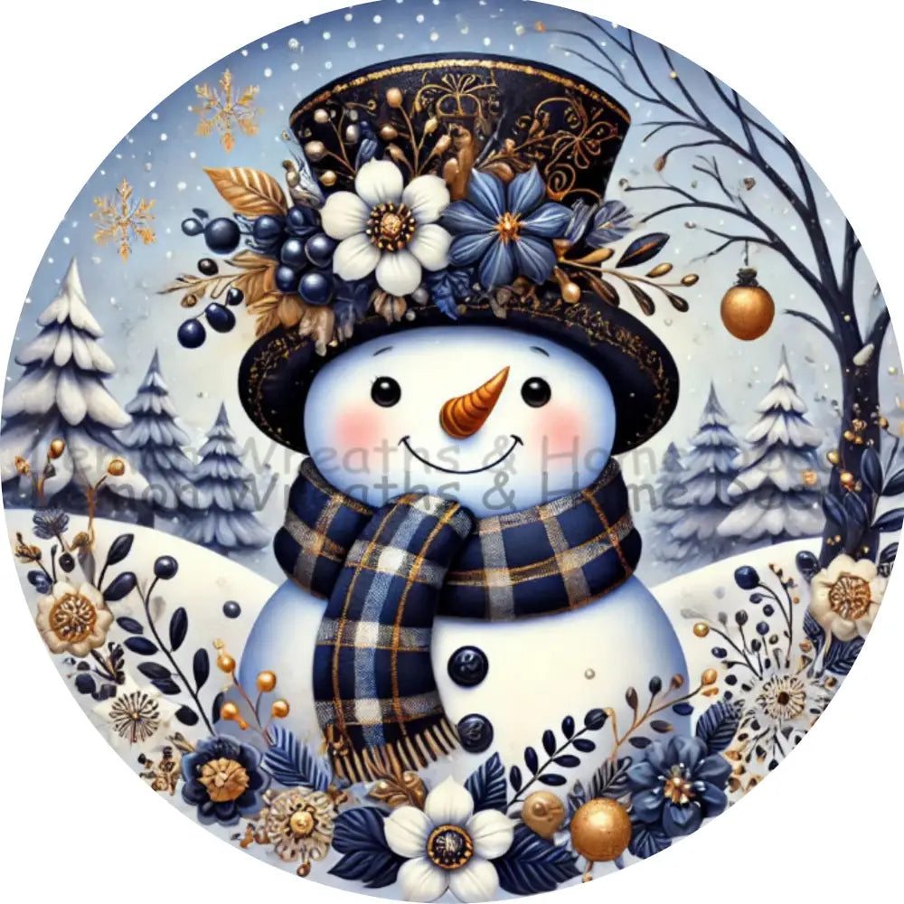 Floral Hat Snowman Navy Blue And Gold Metal Sign