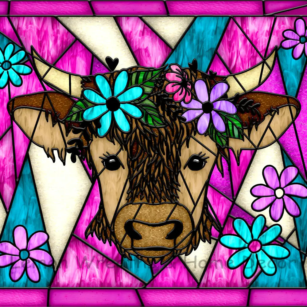 Floral Highland Cow Faux Stained Glass Metal Sign 8