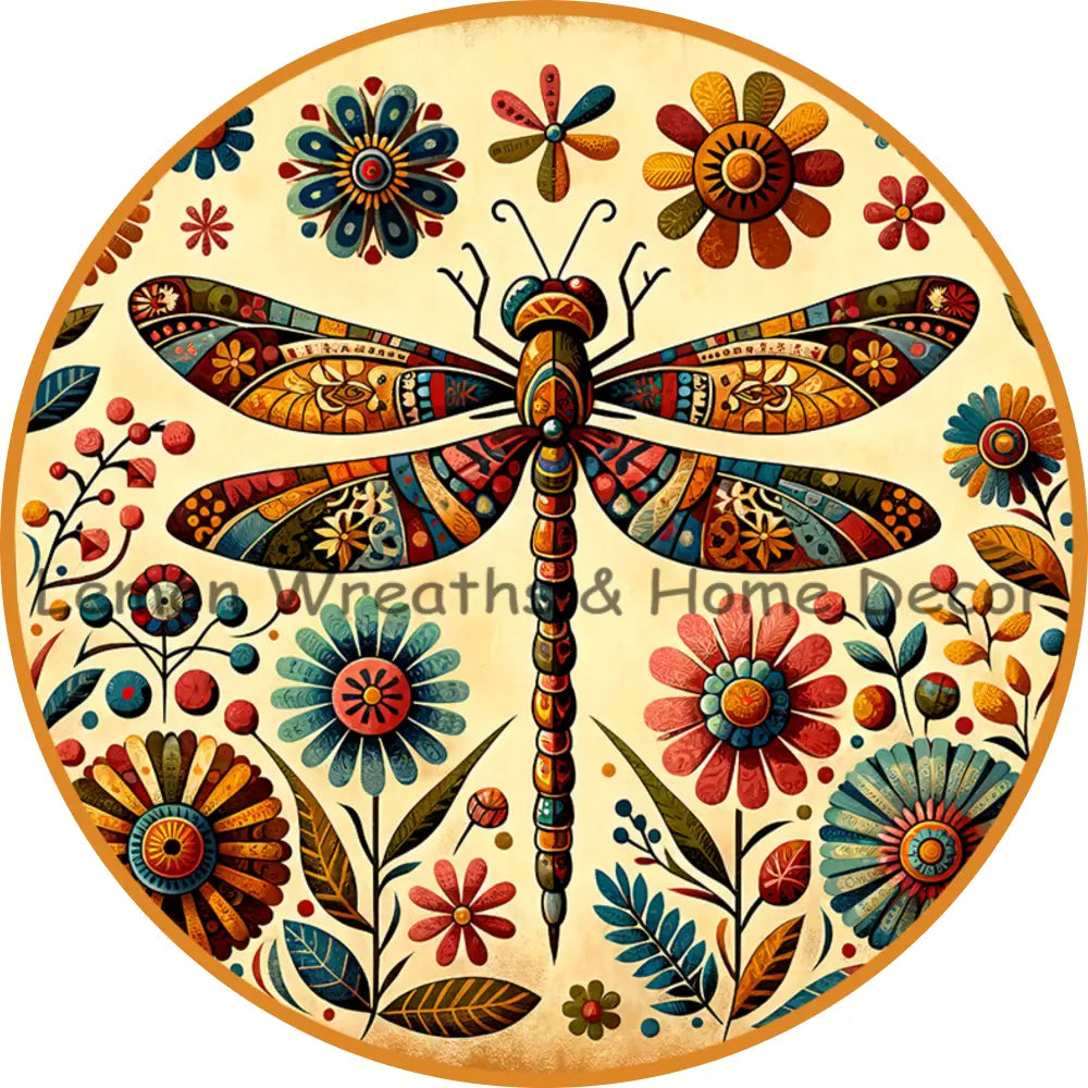 Folk Art Dragonfly Rust And Mustard Yellow Metal Sign
