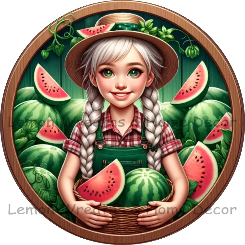 Fruitful Seasons Watermelon Girl Metal Sign
