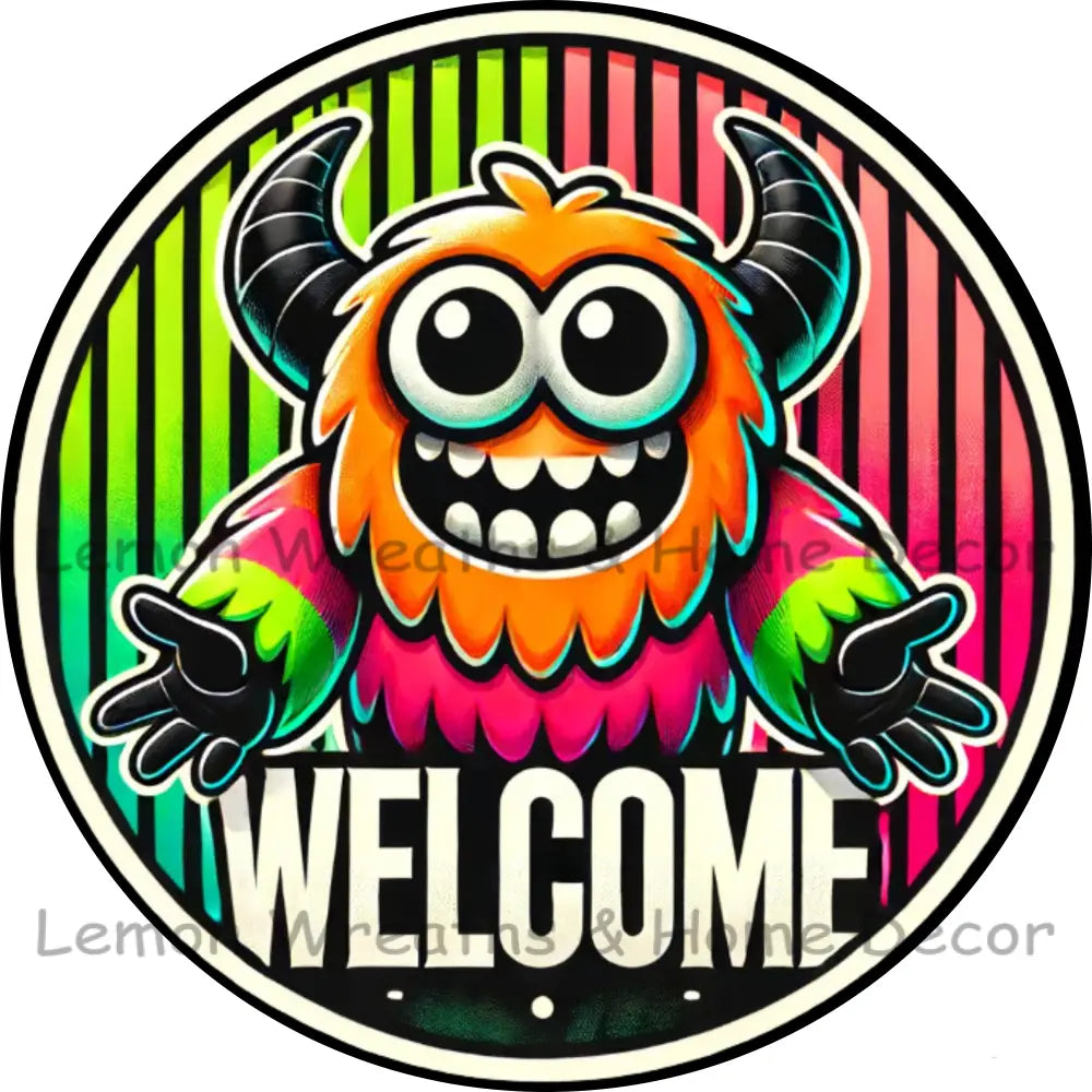 Furry Fluorescent Halloween Monster Welcome Metal Sign