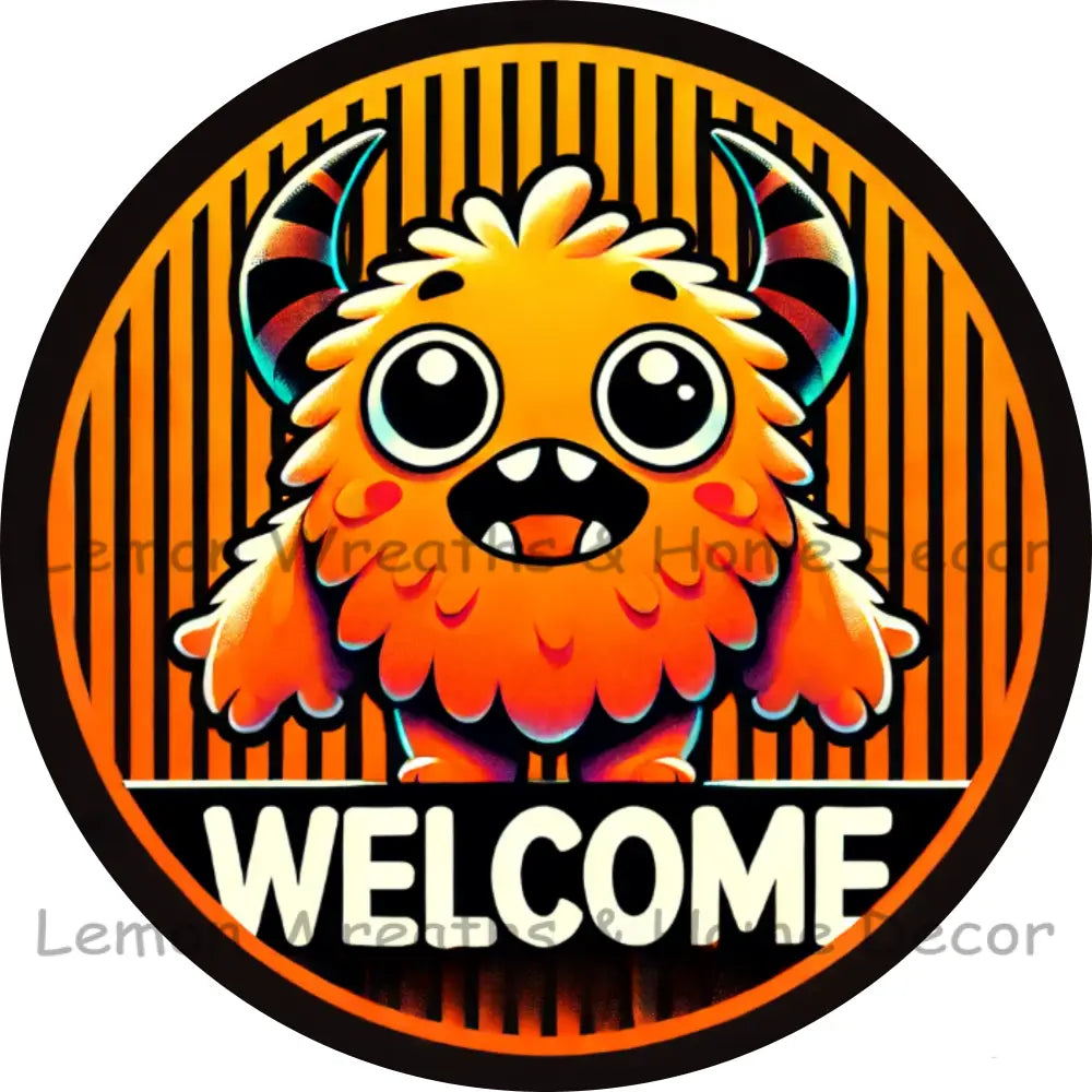 Furry Orange Halloween Monster Welcome Metal Sign