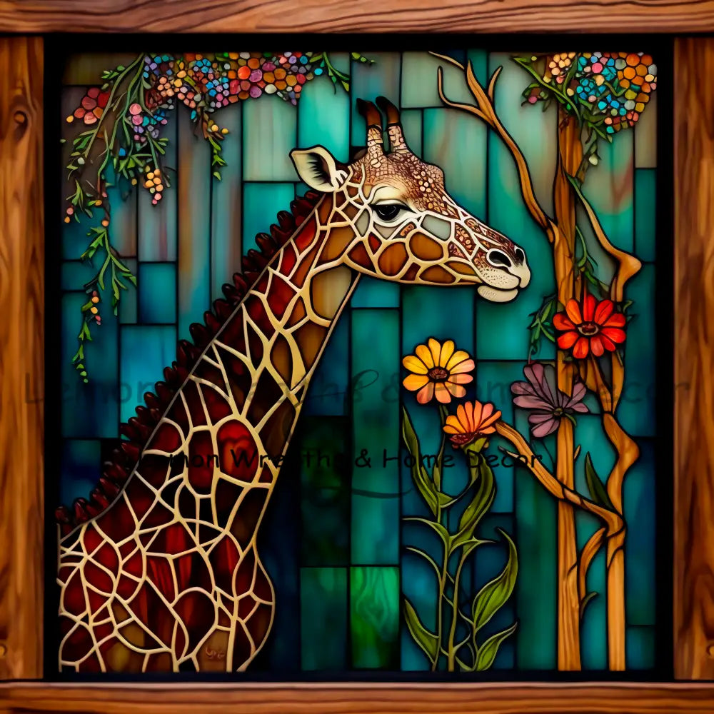 Giraffe Wood Border Faux Stained Glass Metal Sign 8