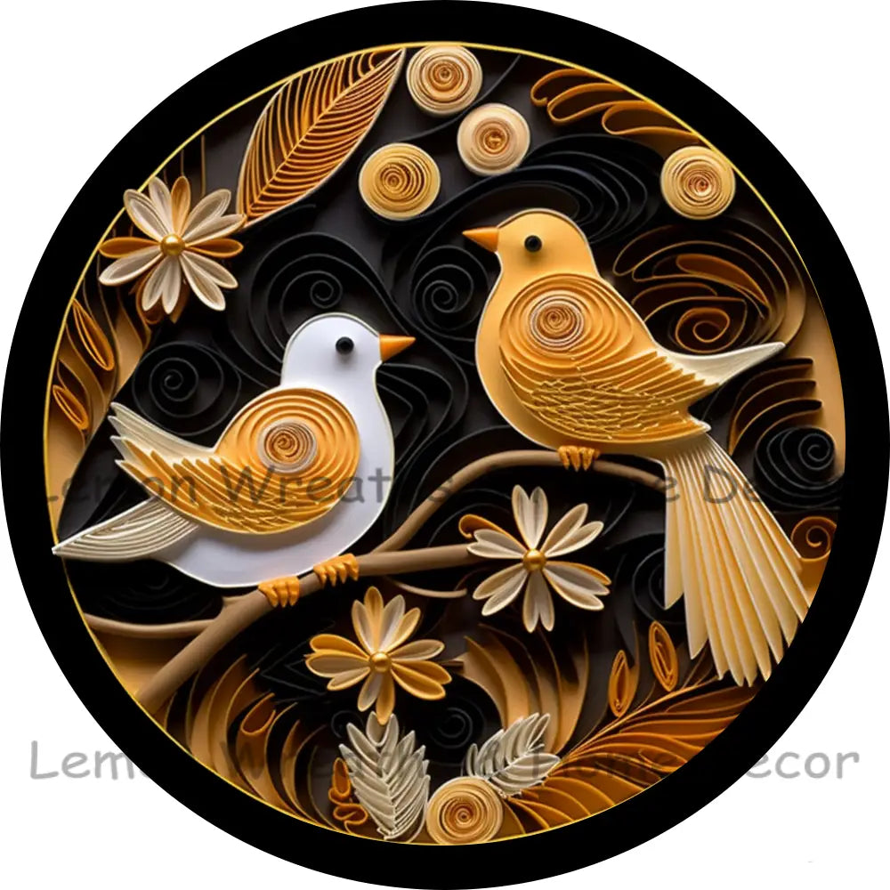 Gold & Black Fancy Birds Paper Quill Metal Sign