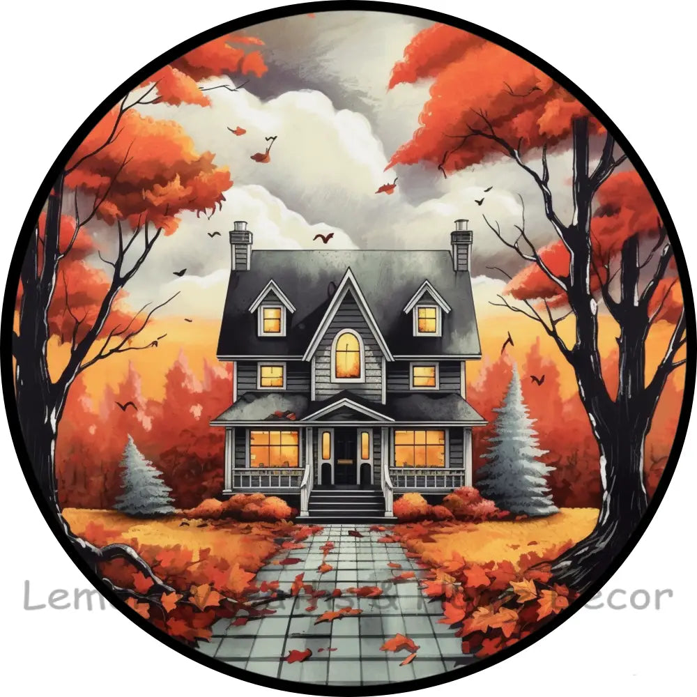 Halloween House Fall Scene Metal Sign 8 / No Text