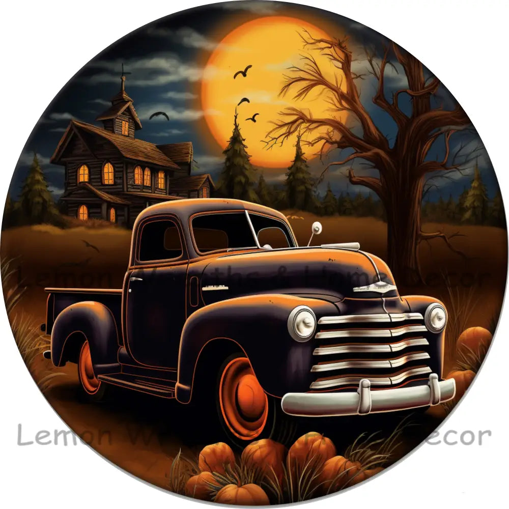 Halloween Scene Orange Truck Metal Sign 6 / No Text