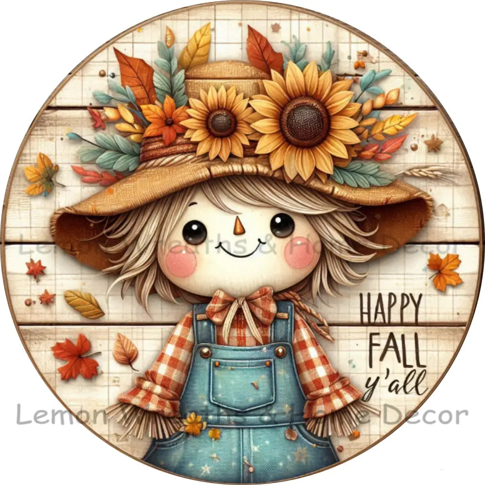 Happy Fall Ya’ll Harvest Smiles Scarecrow Girl Metal Sign